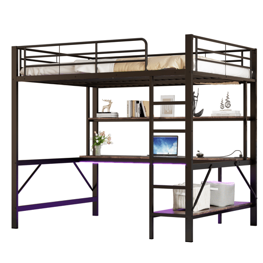 Cama alta 140 x 200 cm - com grade, escada, porta USB e tomada, luzes LED, escrivaninha e estante multinível, sem colchão, metal - preto