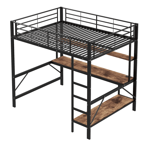 Cama alta 140 x 200 cm - com grade, escada, porta USB e tomada, luzes LED, escrivaninha e estante multinível, sem colchão, metal - preto