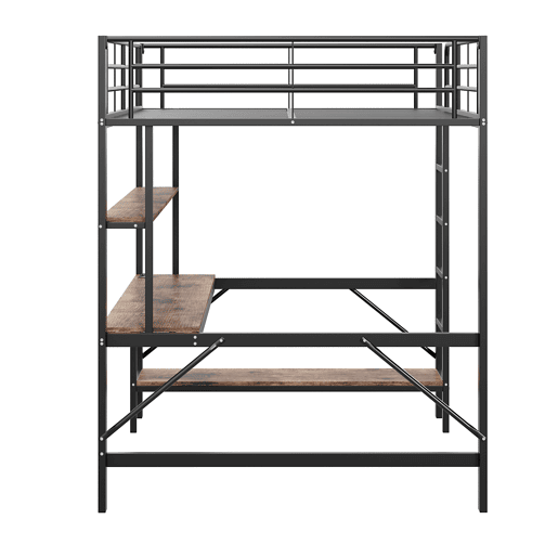 Cama alta 140 x 200 cm - com grade, escada, porta USB e tomada, luzes LED, escrivaninha e estante multinível, sem colchão, metal - preto