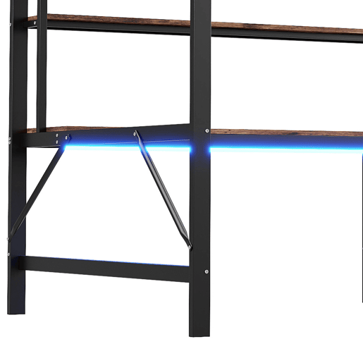 Cama alta 140 x 200 cm - com grade, escada, porta USB e tomada, luzes LED, escrivaninha e estante multinível, sem colchão, metal - preto