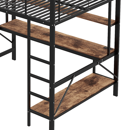 Cama alta 140 x 200 cm - com grade, escada, porta USB e tomada, luzes LED, escrivaninha e estante multinível, sem colchão, metal - preto