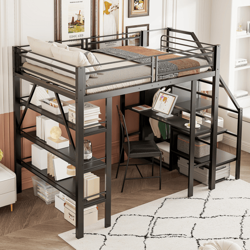 Cama alta 140*200 cm - Estante de três níveis, secretária, armário, escada de segurança com espaço de arrumação, design com cerca alta, cama de ferro, cama individual - Preta