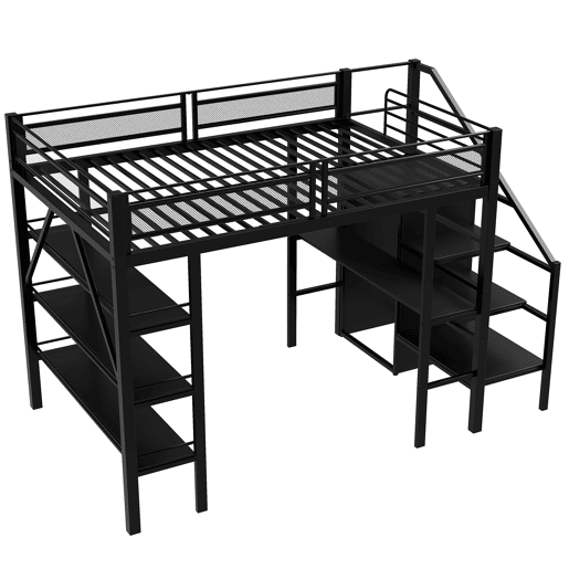 Cama alta 140*200 cm - Estante de três níveis, secretária, armário, escada de segurança com espaço de arrumação, design com cerca alta, cama de ferro, cama individual - Preta