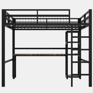 Cama alta 140x200cm - Estrutura metálica, prateleiras, secretária com tomada e USB tipo C, grade, escada, sem colchão - Preto