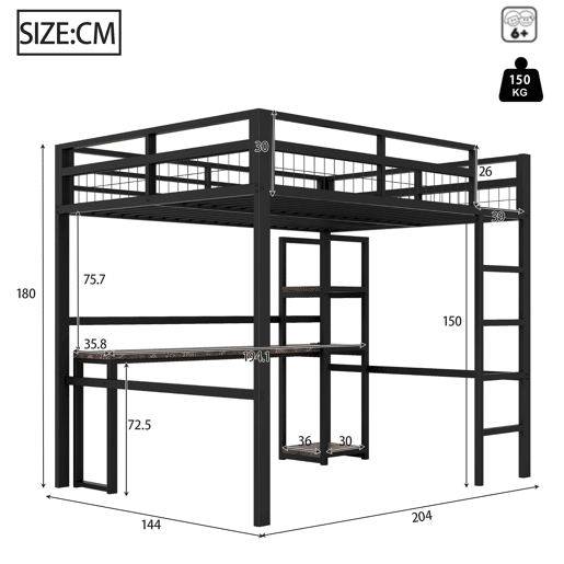 Cama alta 140x200cm - Estrutura metálica, prateleiras, secretária com tomada e USB tipo C, grade, escada, sem colchão - Preto