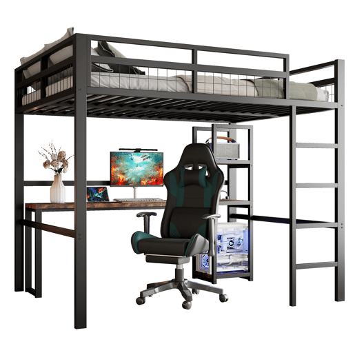 Cama alta 140x200cm - Estrutura metálica, prateleiras, secretária com tomada e USB tipo C, grade, escada, sem colchão - Preto