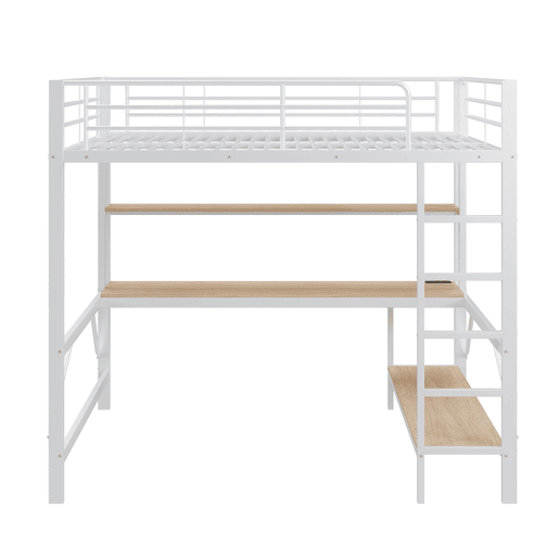 Cama alta 140 x 200 cm - com grade, escada, porta USB e tomada, luzes LED, escrivaninha e estante multinível, sem colchão, metal - branco