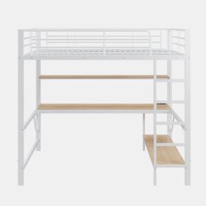 Cama alta 140 x 200 cm - com grade, escada, porta USB e tomada, luzes LED, escrivaninha e estante multinível, sem colchão, metal - branco