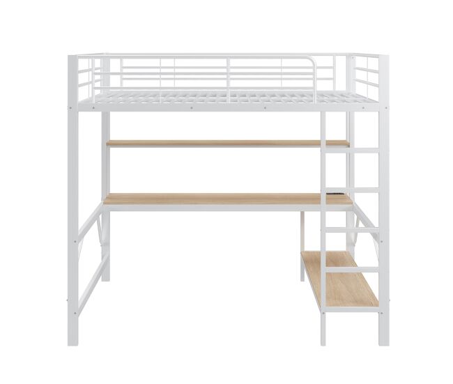 Cama alta 140 x 200 cm - con barandilla, escalera, puerto usb y enchufe, luces led, escritorio y estantería multinivel, sin colchón, metal - blanco
