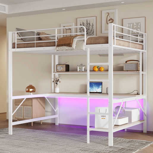 Cama alta 140 x 200 cm - com grade, escada, porta USB e tomada, luzes LED, escrivaninha e estante multinível, sem colchão, metal - branco