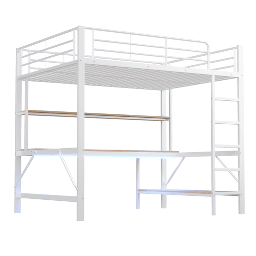 Cama alta 140 x 200 cm - com grade, escada, porta USB e tomada, luzes LED, escrivaninha e estante multinível, sem colchão, metal - branco