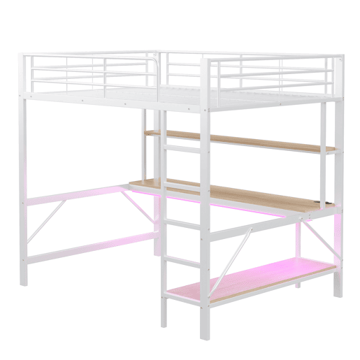 Cama alta 140 x 200 cm - com grade, escada, porta USB e tomada, luzes LED, escrivaninha e estante multinível, sem colchão, metal - branco