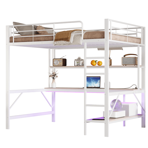 Cama alta 140 x 200 cm - com grade, escada, porta USB e tomada, luzes LED, escrivaninha e estante multinível, sem colchão, metal - branco