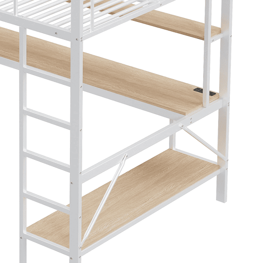 Cama alta 140 x 200 cm - com grade, escada, porta USB e tomada, luzes LED, escrivaninha e estante multinível, sem colchão, metal - branco