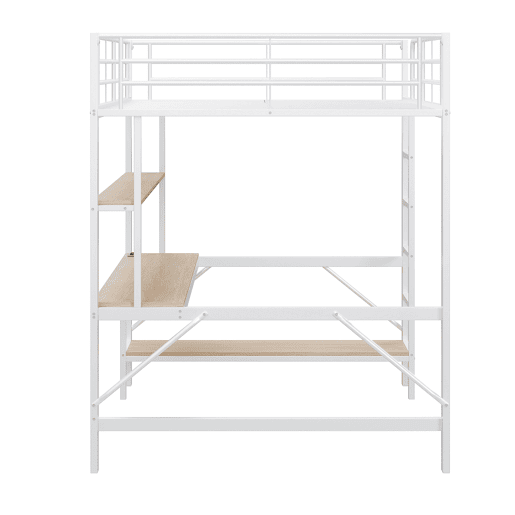 Cama alta 140 x 200 cm - com grade, escada, porta USB e tomada, luzes LED, escrivaninha e estante multinível, sem colchão, metal - branco