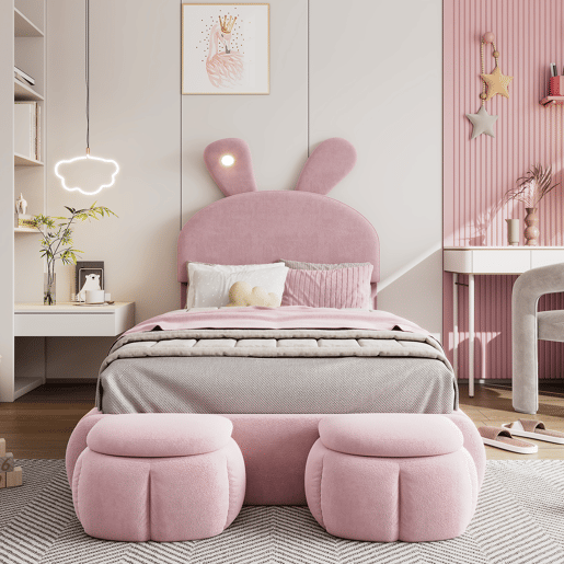 Cama individual 90x200cm - Cama com orelhas de coelho, fitas de luz quente ajustáveis, 2 bancos com arrumação - Rosa