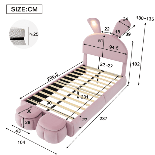 Cama individual 90x200cm - Cama com orelhas de coelho, fitas de luz quente ajustáveis, 2 bancos com arrumação - Rosa
