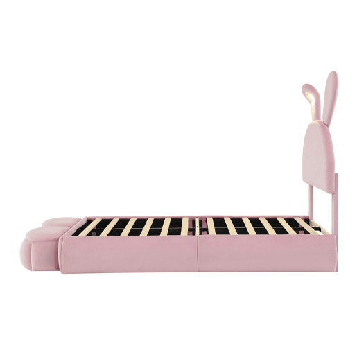 Cama individual 90x200cm - Cama com orelhas de coelho, fitas de luz quente ajustáveis, 2 bancos com arrumação - Rosa