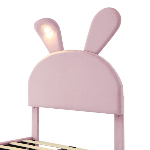 Cama individual 90x200cm - Cama com orelhas de coelho, fitas de luz quente ajustáveis, 2 bancos com arrumação - Rosa