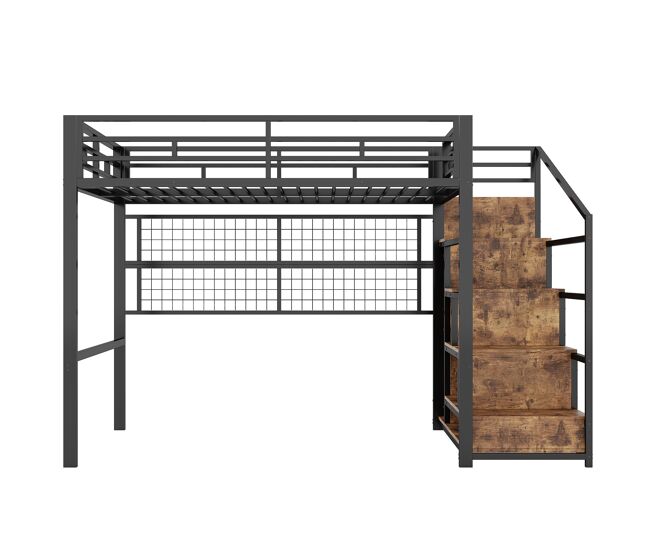 Litera alta 140x200cm - estructura de hierro, armario, escalera de almacenamiento, rejilla para colgar objetos, espacio libre debajo de la cama, luces
