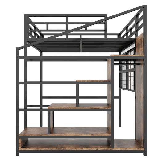 Beliche alto 140x200cm - Estrutura em ferro, armário, escada de arrumação, grelha para pendurar objetos, espaço livre debaixo da cama, luzes LED de 7 cores - Preto
