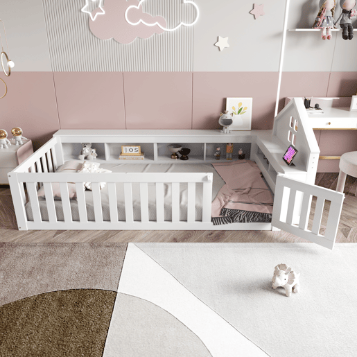 Cama infantil 90x200 cm - Com telhado, janela, arrumação, grade de segurança e porta - Branca