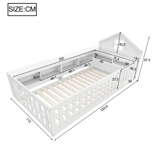 Cama infantil 90x200 cm - Com telhado, janela, arrumação, grade de segurança e porta - Branca