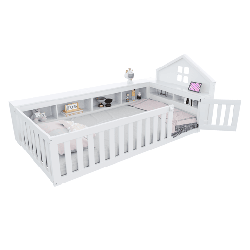 Cama infantil 90x200 cm - Com telhado, janela, arrumação, grade de segurança e porta - Branca