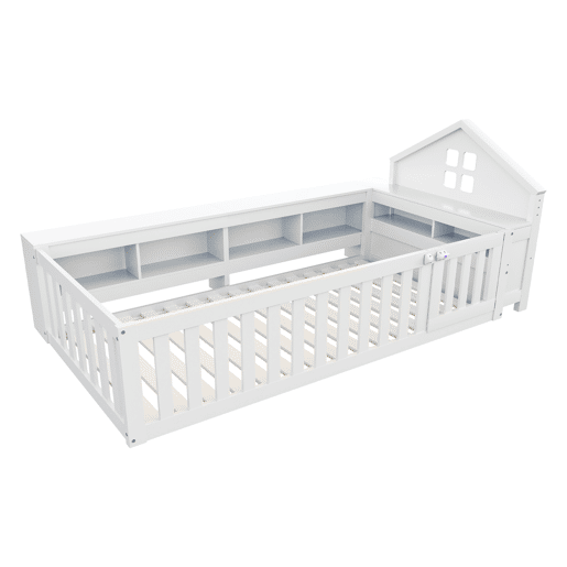 Cama infantil 90x200 cm - Com telhado, janela, arrumação, grade de segurança e porta - Branca