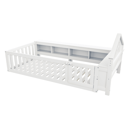 Cama infantil 90x200 cm - Com telhado, janela, arrumação, grade de segurança e porta - Branca