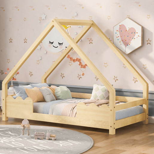 Cama infantil 90x200 cm com barreira de segurança e design de casinha em madeira maciça - Natural