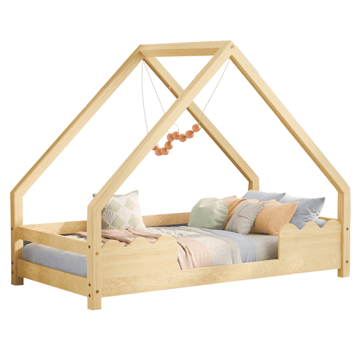 Cama infantil 90x200 cm com barreira de segurança e design de casinha em madeira maciça - Natural
