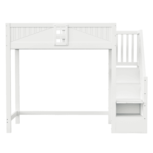 Cama alta em madeira maciça 90 x 200 cm - porta de segurança com janela, escada lateral com prateleiras intercambiáveis - branco Cama alta em madeira maciça 90 x 200 cm - porta de segurança com janela, escada lateral com prateleiras intercambiáveis - branco