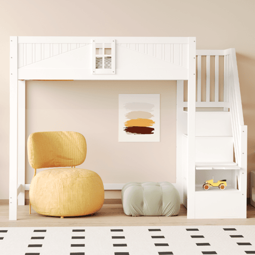 Cama alta em madeira maciça 90 x 200 cm - porta de segurança com janela, escada lateral com prateleiras intercambiáveis - branco Cama alta em madeira maciça 90 x 200 cm - porta de segurança com janela, escada lateral com prateleiras intercambiáveis - branco