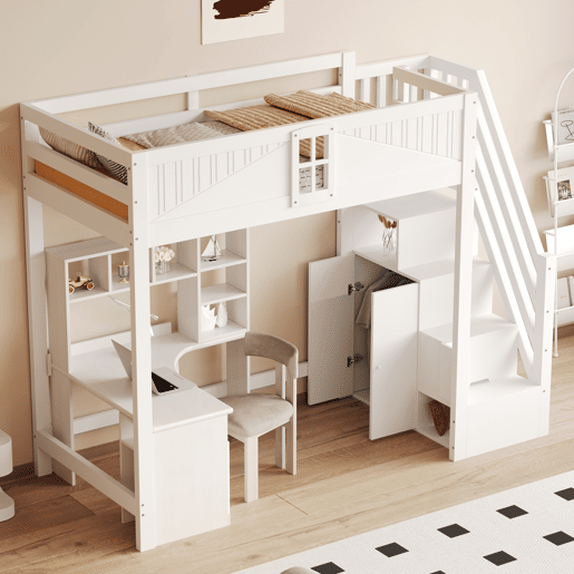 Cama alta em madeira maciça 90 x 200 cm - porta de segurança com janela, escada lateral com prateleiras intercambiáveis - branco Cama alta em madeira maciça 90 x 200 cm - porta de segurança com janela, escada lateral com prateleiras intercambiáveis - branco