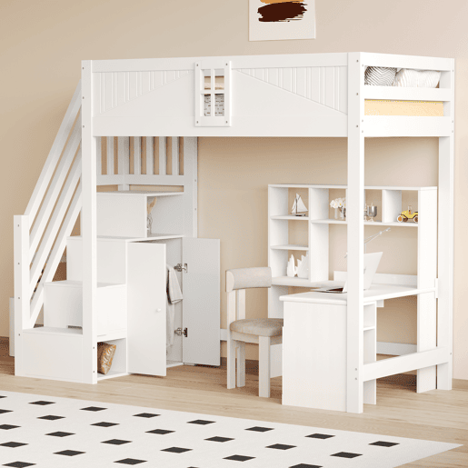 Cama alta em madeira maciça 90 x 200 cm - porta de segurança com janela, escada lateral com prateleiras intercambiáveis - branco Cama alta em madeira maciça 90 x 200 cm - porta de segurança com janela, escada lateral com prateleiras intercambiáveis - branco