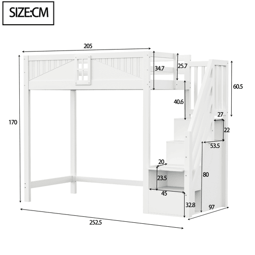Cama alta em madeira maciça 90 x 200 cm - porta de segurança com janela, escada lateral com prateleiras intercambiáveis - branco Cama alta em madeira maciça 90 x 200 cm - porta de segurança com janela, escada lateral com prateleiras intercambiáveis - branco