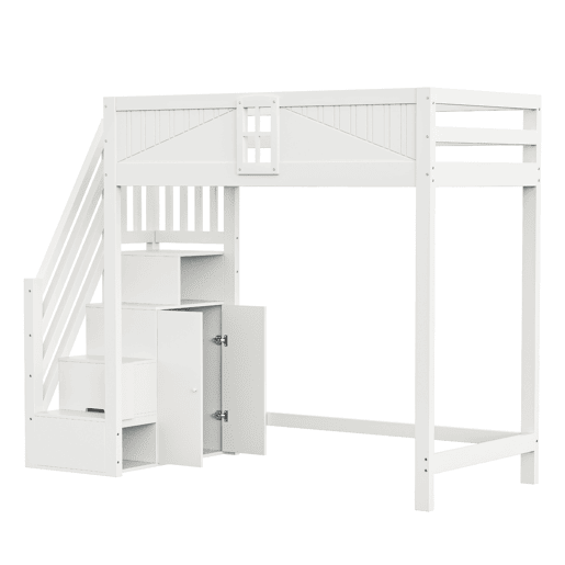 Cama alta em madeira maciça 90 x 200 cm - porta de segurança com janela, escada lateral com prateleiras intercambiáveis - branco Cama alta em madeira maciça 90 x 200 cm - porta de segurança com janela, escada lateral com prateleiras intercambiáveis - branco