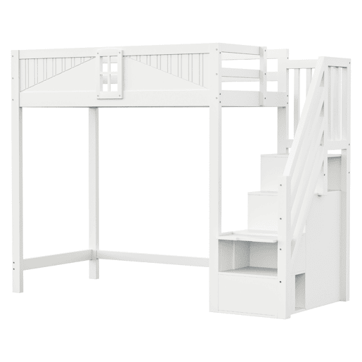 Cama alta em madeira maciça 90 x 200 cm - porta de segurança com janela, escada lateral com prateleiras intercambiáveis - branco Cama alta em madeira maciça 90 x 200 cm - porta de segurança com janela, escada lateral com prateleiras intercambiáveis - branco