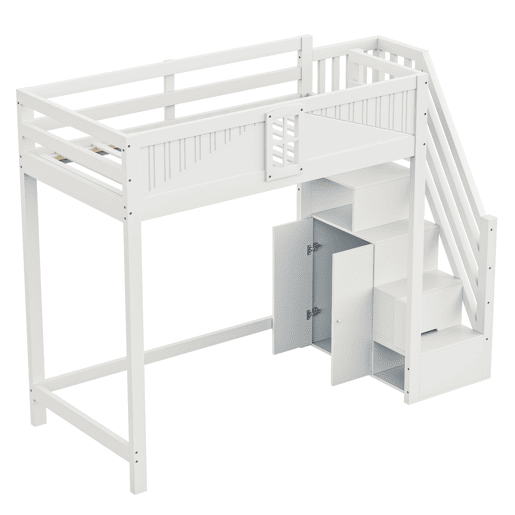 Cama alta em madeira maciça 90 x 200 cm - porta de segurança com janela, escada lateral com prateleiras intercambiáveis - branco Cama alta em madeira maciça 90 x 200 cm - porta de segurança com janela, escada lateral com prateleiras intercambiáveis - branco