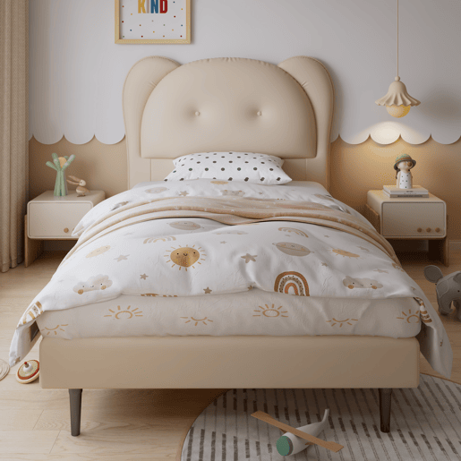 Cama individual 90x200 - Cabeceira infantil em forma de animal, estrutura metálica e estrado estável - Bege