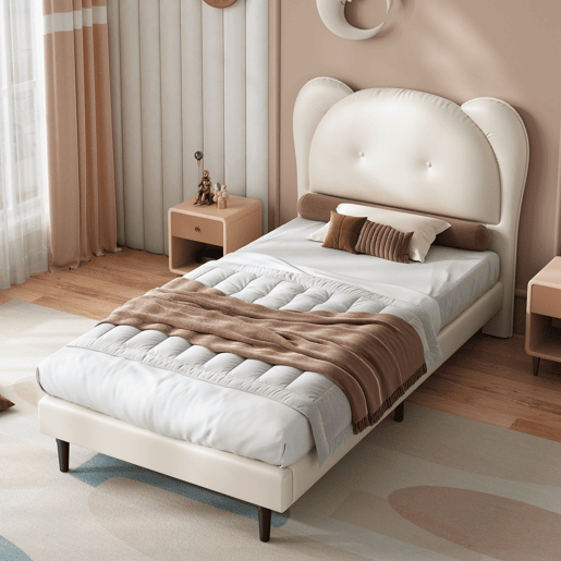 Cama individual 90x200 - Cabeceira infantil em forma de animal, estrutura metálica e estrado estável - Bege