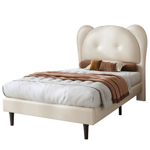 Cama individual 90x200 - Cabeceira infantil em forma de animal, estrutura metálica e estrado estável - Bege