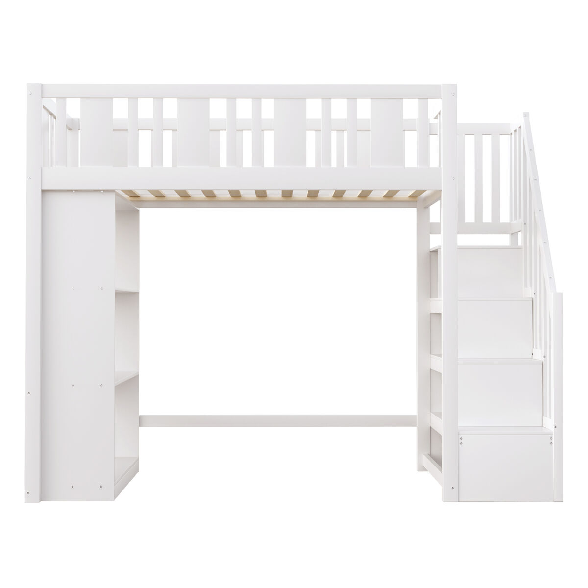 Cama alta 90x200 cm - cama infantil con escalera de almacenamiento, cama multifuncional con grandes compartimentos, cama juvenil de madera - blanco