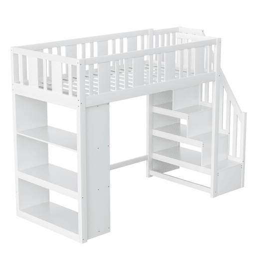 Cama alta 90x200 cm - Cama infantil com escada de arrumação, cama multifuncional com grandes compartimentos, cama juvenil em madeira - Branco