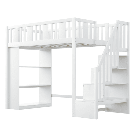 Cama alta 90x200 cm - Cama infantil com escada de arrumação, cama multifuncional com grandes compartimentos, cama juvenil em madeira - Branco