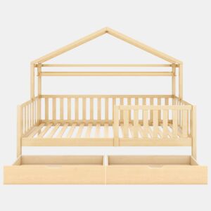 Cama infantil juvenil 90x200 - design em forma de casinha com gavetas e estrado em madeira maciça de pinho - Natural