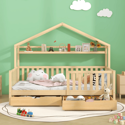 Cama infantil juvenil 90x200 - design em forma de casinha com gavetas e estrado em madeira maciça de pinho - Natural