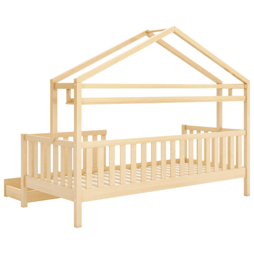 Cama infantil juvenil 90x200 - design em forma de casinha com gavetas e estrado em madeira maciça de pinho - Natural