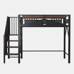 Cama alta metálica 90x200 cm - Com proteção de segurança exclusiva com janela, escada de segurança, espaço sob a cama para cobertura de tecido - Preta